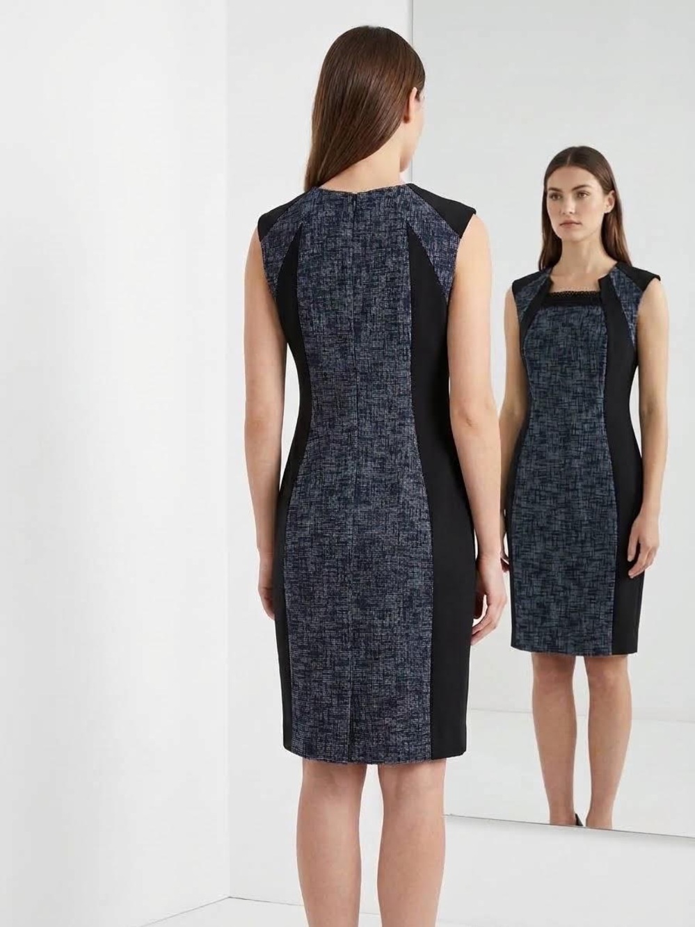 Elie Tahari Aiden Mixed-media Ponte Sheath Dress in Black and Heathered Blue, 8